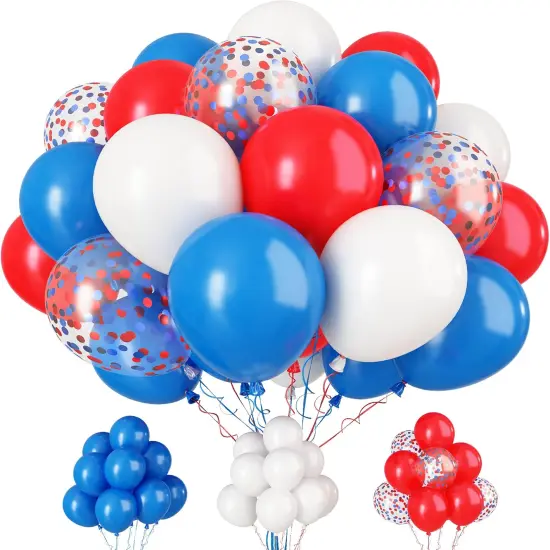 Red and Blue Latex Balloons, 30 Pcs 12 Inch White and Red Blue Confetti Balloons with Ribbons for 4th of July Independence Day Birthday Baby Shower American Party Graduation Decoration {1}