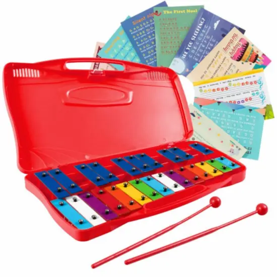 Portable Kids Glockenspiel Chromatic Metal Xylophone with 25 Tunes and 15 Rainbow Color Notes with 2 Full Octaves Yellow {7}