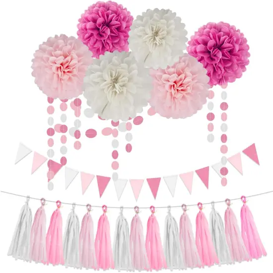 Hot Pink White Party Decorations - 23pcs Tissue Paper Flower Pom Poms Tassel Garland Pennant Banner Flags Streamers Women Girl Birthday Baby Bridal Shower Engagement Bachelorette Wedding Hanging Decor {1}
