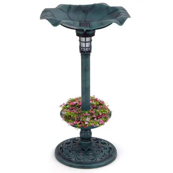 Solar Bird Bath with Lotus Leaf Bowl, Planter and Weatherproof Lamp Green {7}