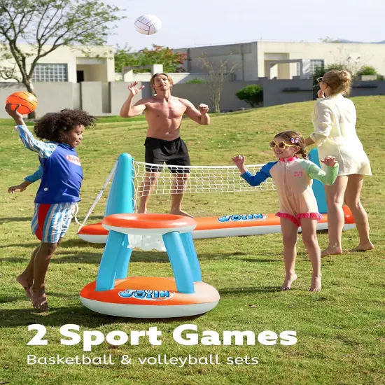 Inflatable Pool Float Set Volleyball Net & Basketball Hoops, Floating Swimming Game Toy for Kids and Adults, Summer Floaties, Volleyball Court (105&rdquo;x28&rdquo;x38&rdquo;)|Basketball (27.6&rdquo;x23&rdquo;),L-Orange {4}