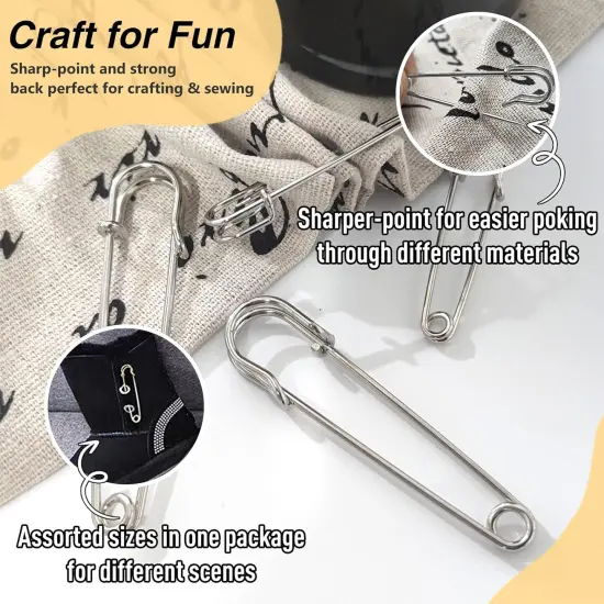 48 Pcs Heavy Duty Safety Pins Assorted Sizes 2'', 2.8'', 3'', Large Safety Pins, Pack of 48 Strong, Sturdy Bulk Pins, for Clothes, Blankets, Crafts, Kilts, Stainless Steel Wire Extra Sturdy {3}
