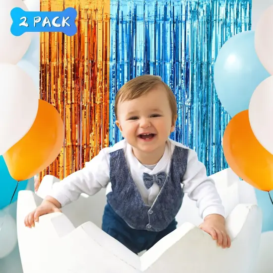 Blue Dog Party Decorations - 2 Packs of 3.3x6.6 ft Orange and Light Blue Foil Fringe Curtains for Birthday Party Supplies, Blue Foil Tinsel Photo Booth Prop Backdrop {2}