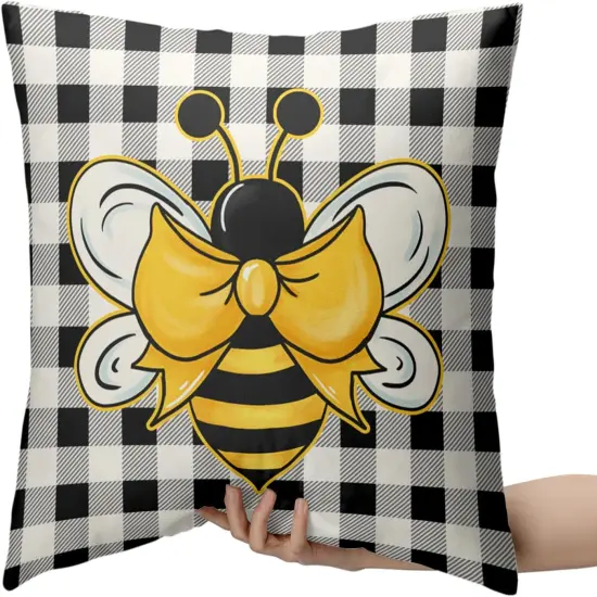 Yellow Bumble Bee Pillow Covers 18x18 Set of 2 Black White Buffalo Plaid Pillow Covers Summer Spring Themed Decorative Cushion Cases Home Decor for Couch Bed Holiday {2}