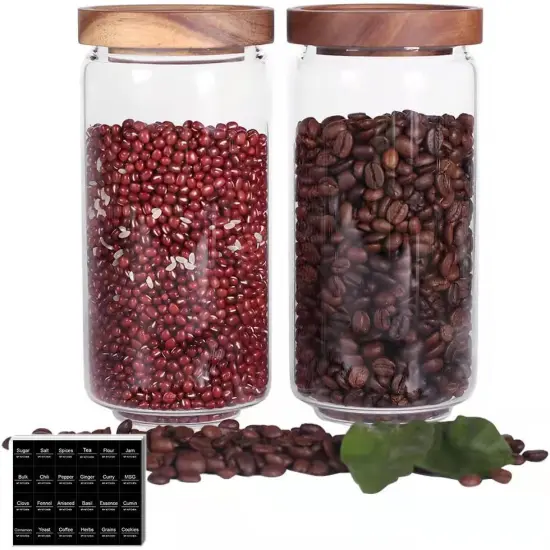 Home Borosilicate Glass Kitchen jars/Canisters with Acacia Wood Airtight Lid Set-2 Pack 30Oz/900ml,Minimalist Preprinted Farmhouse Style. White Matte Sticker Black Text. {2}