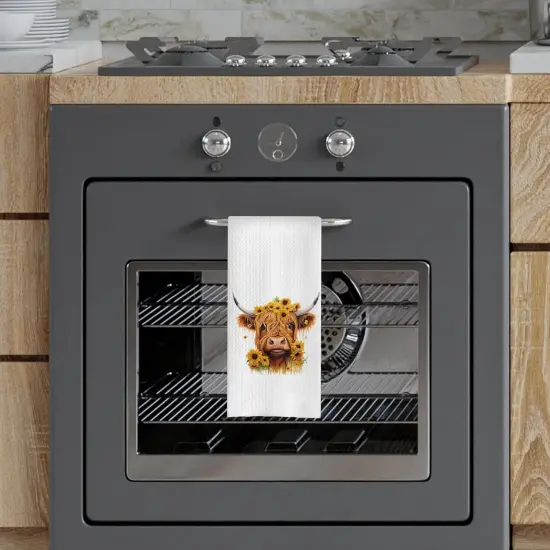 Sunflower Highland Cow Waffle Weave Kitchen Towels (16x24) - Summer Highland Cow Hand Towels for Bathroom {2}