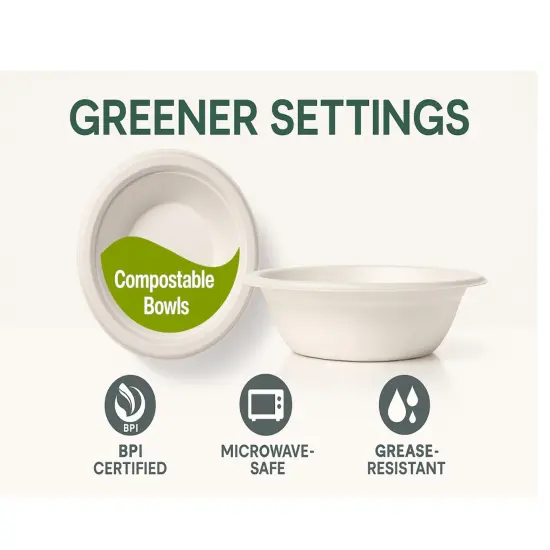 Greener Settings 125-Pack 12 oz Compostable Paper Bowls &ndash; Heavy-Duty Sugarcane Bagasse, Biodegradable, Microwavable, Freezer Safe, Leak-Resistant, Cut-Resistant Eco-Friendly Bowls for Soup, Cereal, and Snacks {2}
