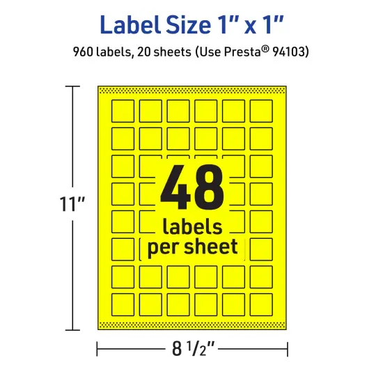 Avery Neon Yellow Paper Labels, 1" x 1" Square {5}