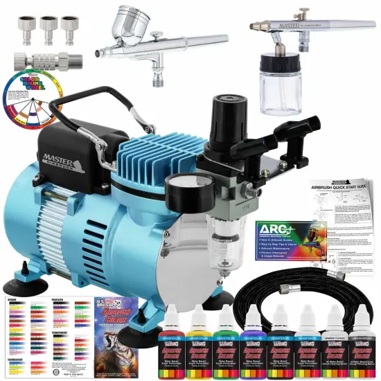 Cool Runner II Dual Fan Air Compressor Airbrushing Acrylic Paint System Kit with 2 Airbrushes, Hose - 6 Primary Paint Colors Set - How To Guide {1}