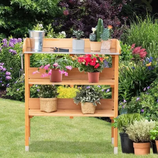 Outdoor Wood Garden Bench with Storage Shelves and Metal Work Surface {2}