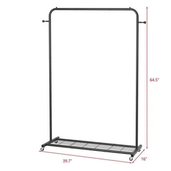 Black Steel Modern Garment Rack with Shelves, Side Hooks and Lockable Wheels {4}