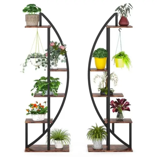 Set of 2 Modern Metal Wood 10-Shelf Plant Stand for Indoor Outdoor Use {2}