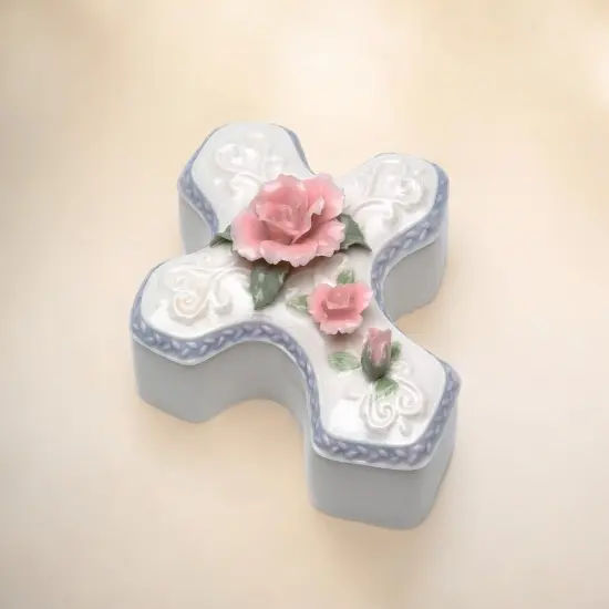 Ceramic Cross Shaped Jewelry Box with Pink Rose Flower, Vanity Decor, Religious Decor or Gift {1}