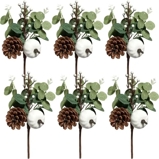 6PCS Greenery Stems with White Pumpkin Pinecones {1}