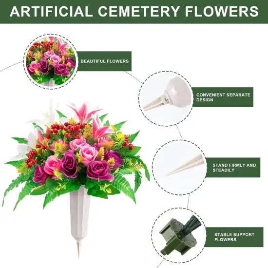 Artificial Cemetery Flowers with Vase Fake Silk Rose Lily Bouquet Grave Memorial Flowers, Colorful {3}