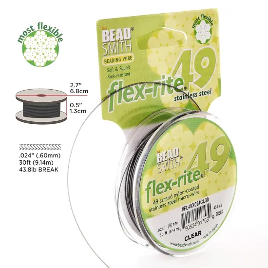 The Beadsmith Flex-Rite Wire &ndash; 49 Strand, Nylon Coated, Stainless Steel Beading Wire &ndash; Clear Color, .024&rdquo; Diameter, 30-Foot Spool &ndash; Flexible Wire for Necklace, Bracelet and Jewelry Making {3}