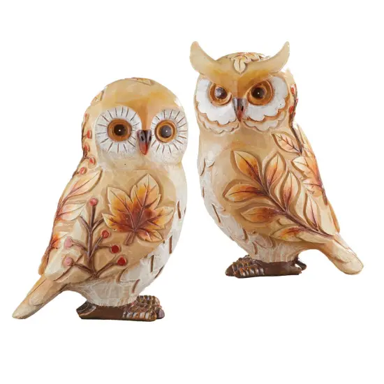 Collections Etc Hand-Painted Fall Leaves and Berries Owl Decorative Statues - Set of 2 {2}