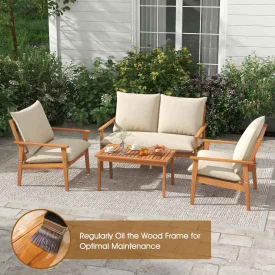 Costway 4 PCS Acacia Wood Patio Furniture Set with Soft Cushions and Coffee Table {6}