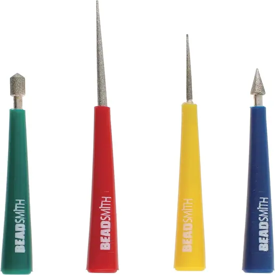 The Beadsmith 4-Piece Diamond Tipped Bead Reamer Set, Color Coded Plastic Handles, Remove Burrs, Enlarge Holes, Smooth Edges {1}