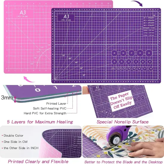 Rotary Cutter Set,Sewing Quilting Supplies,45mm Fabric Cutters,A3 Cutting Mat for Sewing,Acrylic Rulers,Scissors,Exacto Knife,Clips,Beginners Sewing Accessories,Fabric Cutter Kit {3}