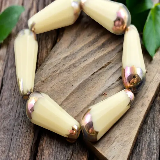 *6* 8x20mm Bronze Rainbow Tipped Opaque Beige Faceted Drop Beads {3}