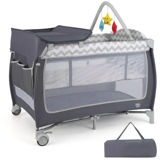 Babyjoy 3 in 1 Baby Playard Portable Infant Nursery Center w/ Zippered Door Pink/Grey/Pink & White/Green {1}