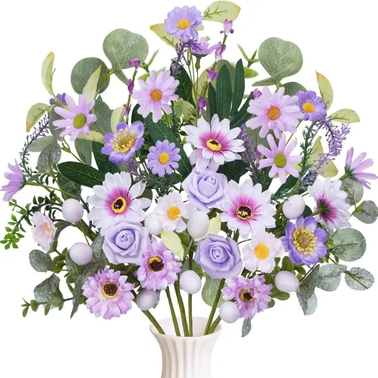 6PCS 20" Easter Decorations Purple Easter Egg Flowers Stem Artificial Eucalyptus Spring Floral Easter Sprays Picks with Rose for Easter Home Vase Arrangement Table Centerpieces {1}