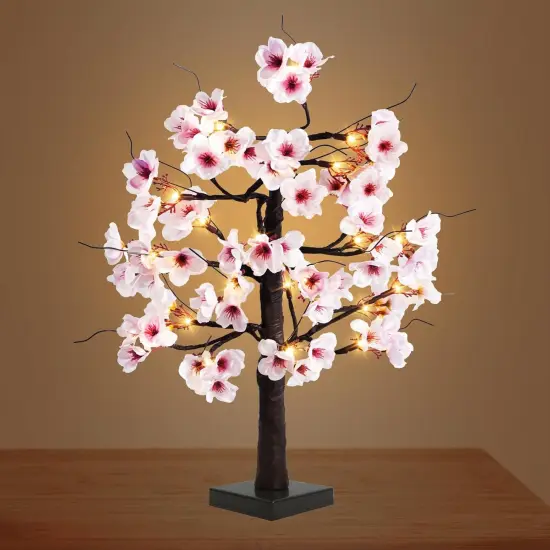 24IN Lighted Cherry Blossom Tree 24 Warm White LED Tabletop Artifical Bonsai Tree with Timer Battery Operated for Wedding Party Spring Christmas Home Indoor Japanese Room Decor {4}