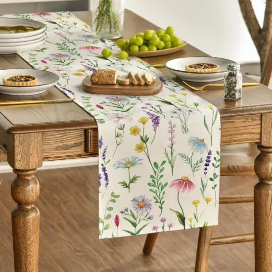 Wildflowers Floral Eucalyptus Spring Table Runner, Seasonal Summer Kitchen Dining Table Decoration for Home Party Decor 13x72 Inch {3}