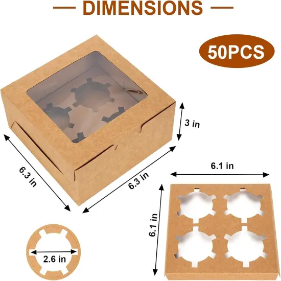 50 PCS Cupcake Boxes with Window Cupcake Containers 4 Count, Cookie Boxes 6x6x3 Inch, Bakery Pastry Cake Dessert Treat Boxes with Stickers & Jute Twine {2}