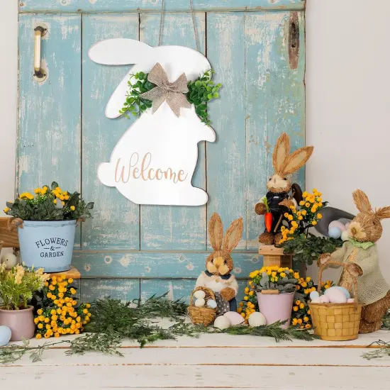 Easter Decorations Door Sign, Wooden Rustic Welcome Easter Front Door Hanger, White Easter Bunny Wreath Hanging For Spring Wall Home Farmhouse Indoor Outdoor Decor (Bunny) {5}