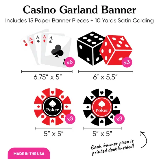 Big Dot of Happiness Casino Theme Garland Banner, Las Vegas Party Decorations, Casino Night Party, 30 Feet of Cord, 15 Double-Sided Cards, Dice, Poker Chips {5}