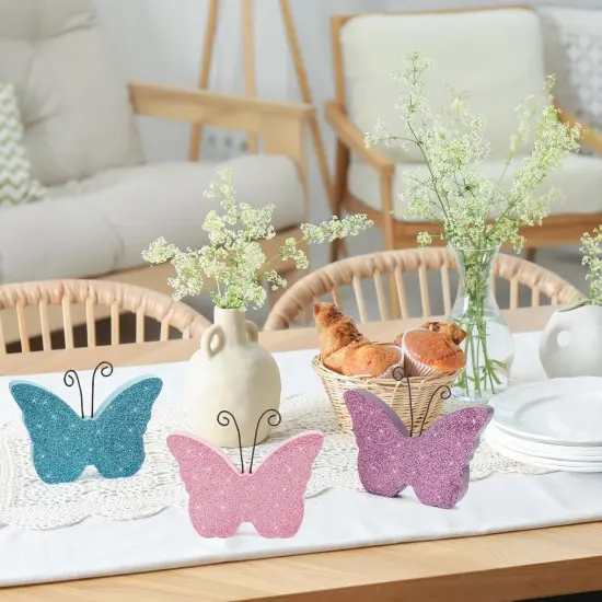 Butterfly Spring Decorations for Home, Wooden Butterflies Blocks Tiered Tray Decoration Set, Pink Blue Spring Table Top Decor for Office Party Shelf Door (Glitter 3PCS) {5}