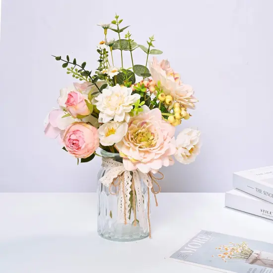 Artificial Hydrangea in Vase for Home Decor, Fake Silk Pink Flower Bouquet Artificial Flowers with Pot, Faux Dahlia Arrangement for Fall Spring Home Living Room Decor, Centerpiece Table Decorations {2}