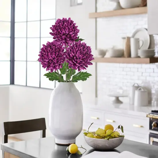 3Pcs Fake Mums Flowers Purple Artificial Chrysanthemum Flowers Silk Long Stem Floral Arrangements Bouquets Faux Spider Mum Flower Pincushion Flower Bush Spring Home Decor {5}
