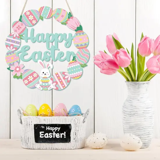Happy Easter Decorations Sign, Bunny Eggs Wood Wreath for Front Door Porch Window Wall Hanging Decor, Pink Green Spring Decoration for the Home (Bunny Egg) {3}