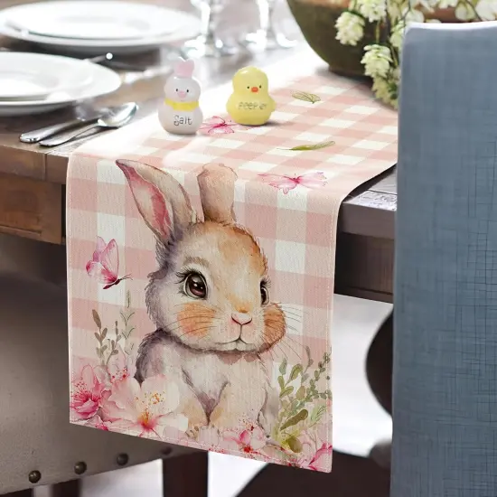 Easter Table Runner 2-Ply (13"x72") - Pink Buffalo Plaid Bunny Runner Design - Spring Table Decorations for Indoor & Outdoor Home Party Decor - Easter Party Decoration Supplies {5}