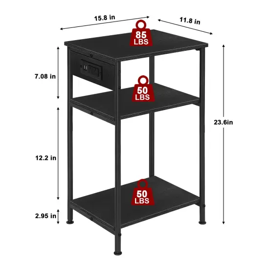 3-Tier Side Table with Built-in Power Outlet Modern End Table with Storage for Living Room, Bedroom, Office {2}