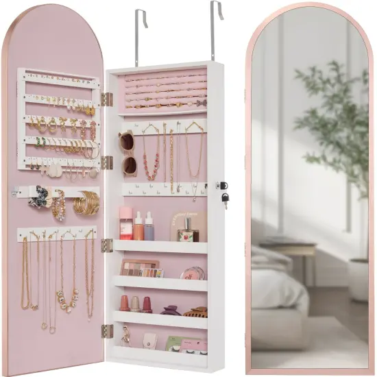 Best Choice Products Door/Wall Mounted Arch Mirror Jewelry Armoire, w/ Metal Frame, Lockable Door Rose Gold {1}