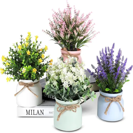 Fake Potted Plants - 4pcs Artificial Plants & Flowers in Macaron Pot Small Faux Plants Indoor Fake Plant Decor, Desk Plant for Home Bathroom Kitchen Shelf Office Decor {1}