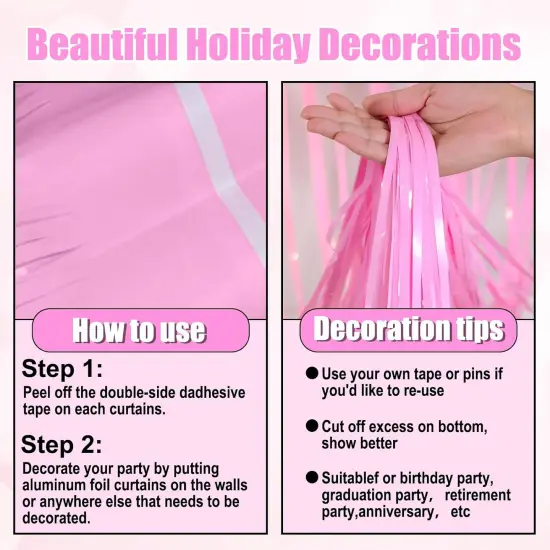 4 Pack 10 Ft Macaron Pink Foil Fringe Garland Metallic Tinsel Streamers Banner Wall Hanging Curtain Backdrop for Parade Floats, Christmas Day, Thanksgiving Day, Halloween, New Year Party Decoration {3}
