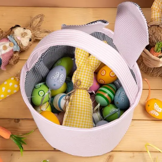 Personalized Easter Basket for Boys Girls, Seersucker Egg Hunt Bunny Baskets for Kids {4}