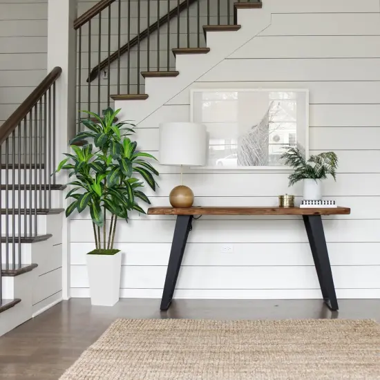 Artificial Dracaena Tree 5FT - Faux Tree with White Tall Planter - Fake Tropical Yucca Floor Plant in Pot - Artificial Silk Tree for Home Office Living Room Decor Indoor {3}