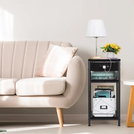 3-Tier Side Table with Built-in Power Outlet Modern End Table with Storage for Living Room, Bedroom, Office {4}