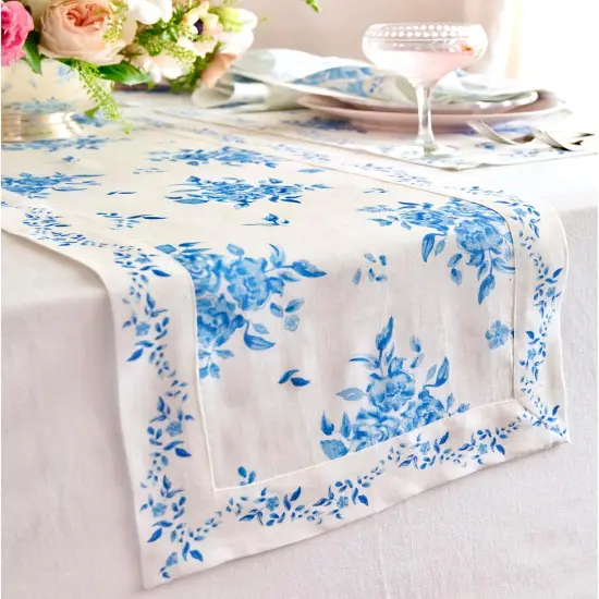Blue Spring Floral Table Runner 48 inch - 100% Pure Linen Table Runner 14 x 48 Inch for Easter, Mothers Day, Summer - Handcrafted and Machine Washable - Jolie Fleur Print {2}