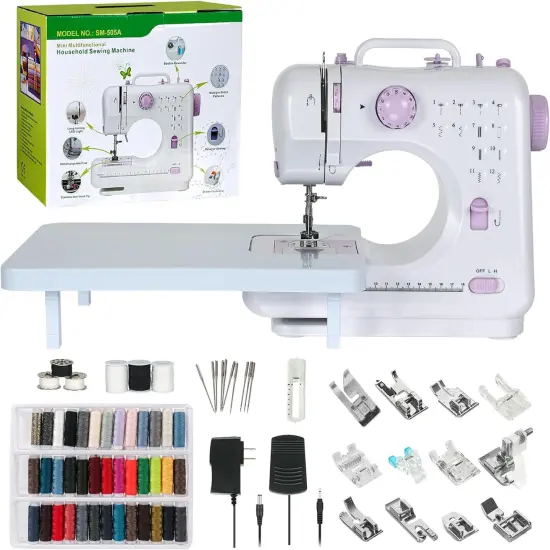 Sewing Machine for Beginners, Mini Sewing Machine Built-in 12 Stitches, 13 Replaceable Presser Feet, Extension Table, Light, Reverse Sewing, 2 Speed Foot Pedal, Portable Sewing Kit {1}