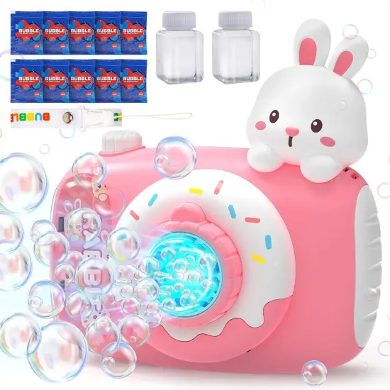 Easter Bunny Bubble Machine for Toddlers, Kids Bubble Camera, Automatic Bubble Blower with Lights & Music, Hanging Strap, 2 Bubble Bottles,10 Refill Packs - Outdoor Party Easter Basket Gift {1}
