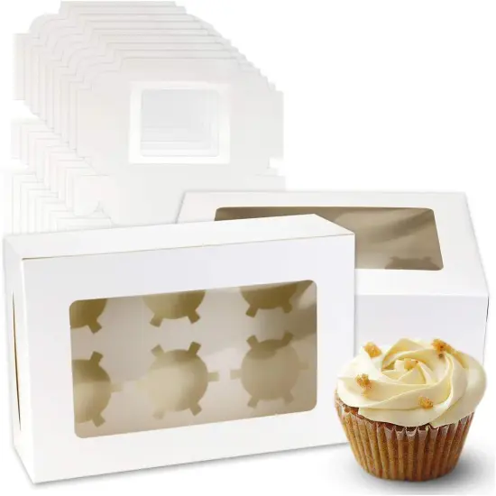 20Pack White Cupcake Boxes with Inserts 6 Holders,White Standard Bakery Boxes with Pvc Window,Cupcake Containers Bakery Cake Box,Auto-Popup Cupcake Containers Carriers Bakery Cake Box(9x6x3inch) {1}