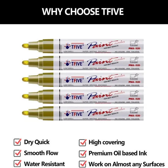 Gold Paint Marker Paint Pens - 5 Pack Oil Based Permanent Marker Pen, Medium Tip, Waterproof & Quick Dry {2}