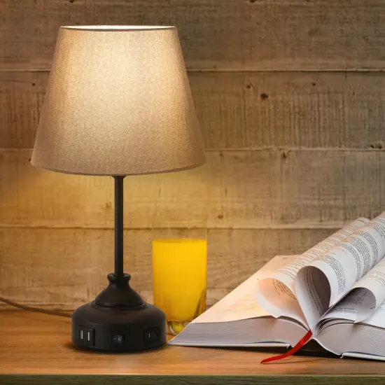 2pcs USB Table Lamps for Nightstand with Grey Lamp Shade Bedroom Nightstand {4}